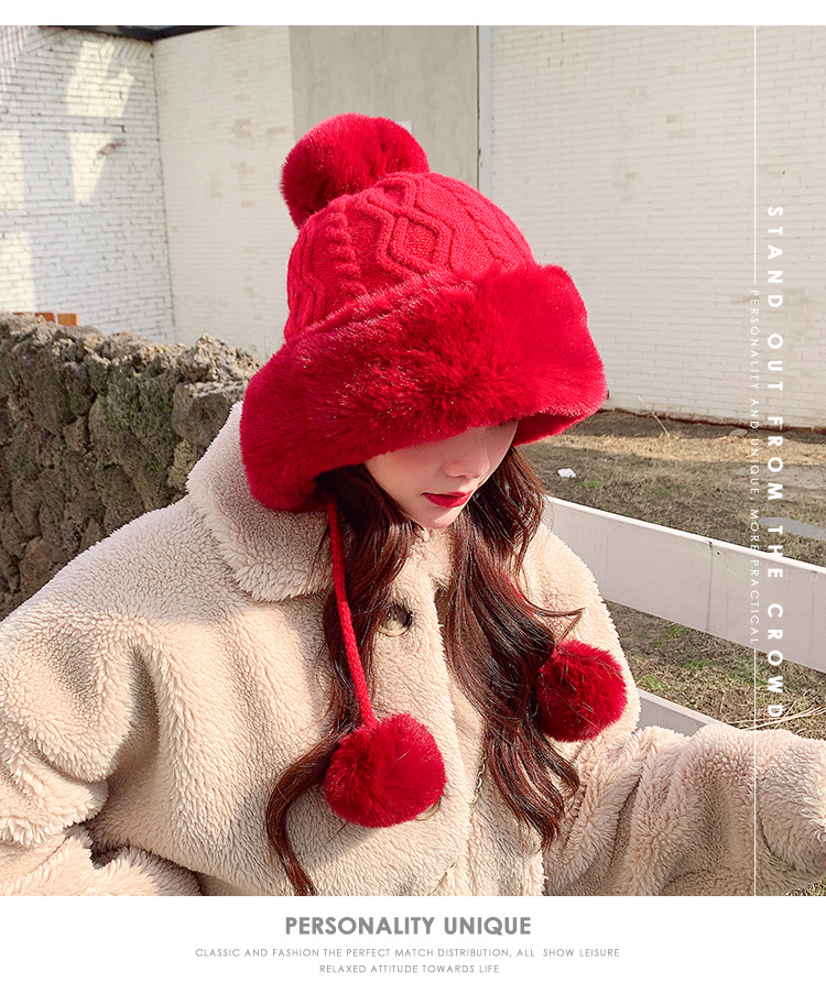 Autumn and Winter Women's Cotton Cashmere Sleeve Cap Shuttlecock Cute Fleece-Lined Thickened Cold Protection Keep Warm Pure Color Knitted Hat