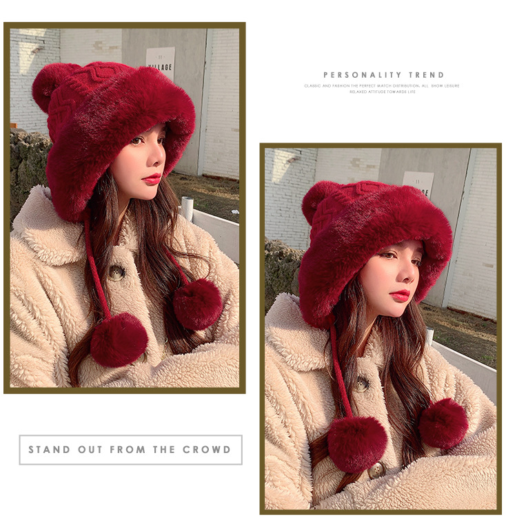 Autumn and Winter Women's Cotton Cashmere Sleeve Cap Shuttlecock Cute Fleece-Lined Thickened Cold Protection Keep Warm Pure Color Knitted Hat