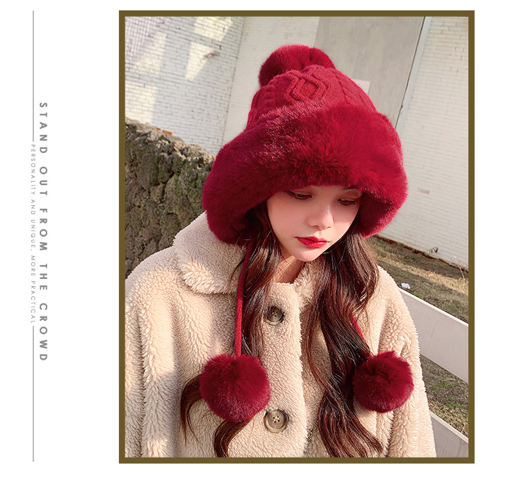 Autumn and Winter Women's Cotton Cashmere Sleeve Cap Shuttlecock Cute Fleece-Lined Thickened Cold Protection Keep Warm Pure Color Knitted Hat