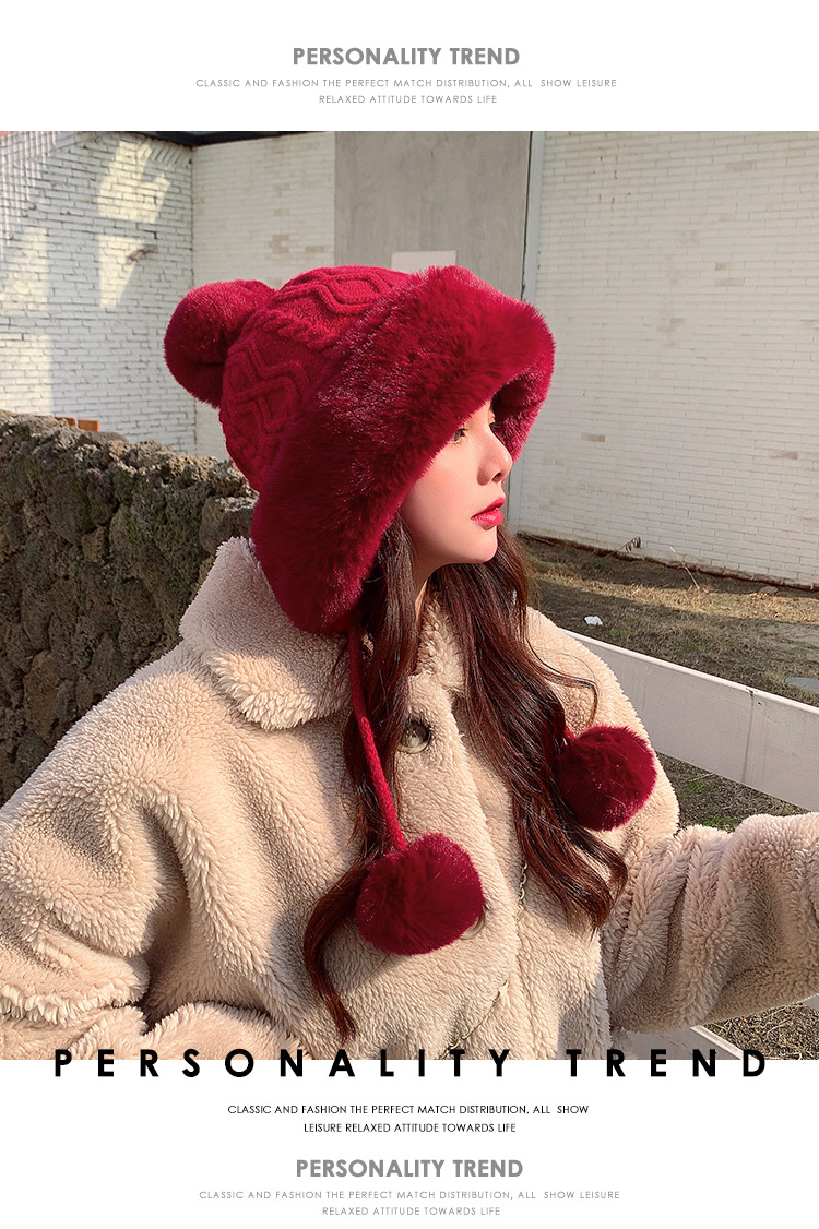 Autumn and Winter Women's Cotton Cashmere Sleeve Cap Shuttlecock Cute Fleece-Lined Thickened Cold Protection Keep Warm Pure Color Knitted Hat