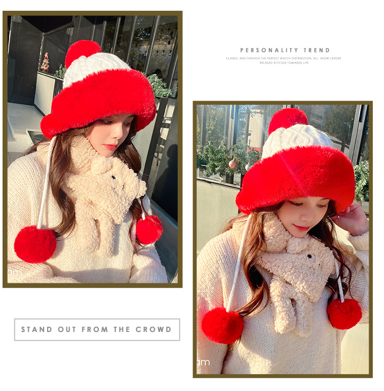 Autumn and Winter Women's Cotton Cashmere Sleeve Cap Shuttlecock Cute Fleece-Lined Thickened Cold Protection Keep Warm Pure Color Knitted Hat
