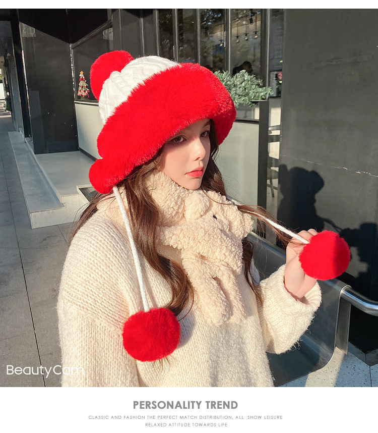 Autumn and Winter Women's Cotton Cashmere Sleeve Cap Shuttlecock Cute Fleece-Lined Thickened Cold Protection Keep Warm Pure Color Knitted Hat