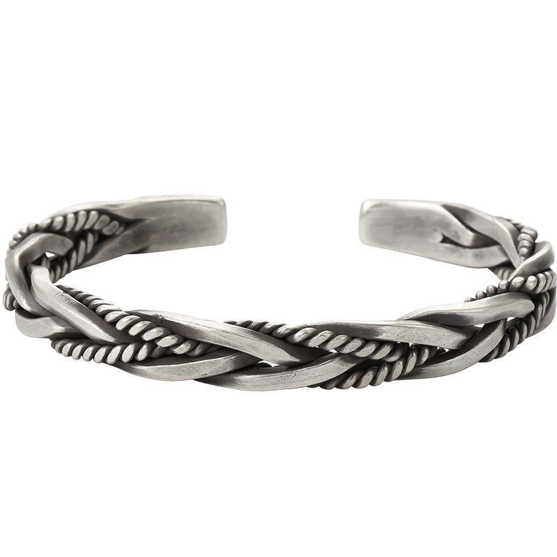 Twist Weave S925 Silver Bracelet Men and Women Retro Personality Thai Silver Bracelet Original Niche Design Cuff Bracelet