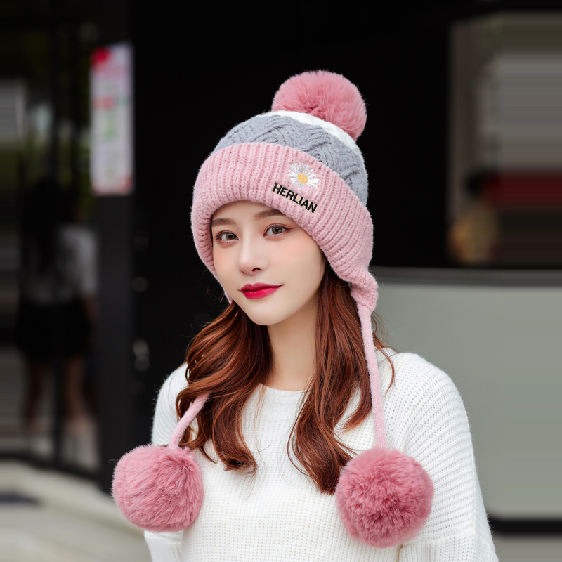 Hat Women&#039;s Autumn Winter Korean-Style Trendy Ear Shuttlecock Scarf Fleece Warm Hat Windproof Cycling Wool Cap