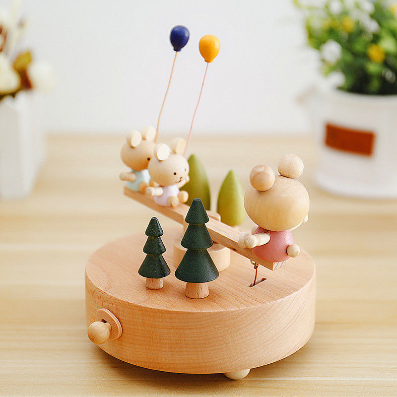 Wooden Bear Balloon Seesaw Music Box Music Box Sky City Qianhe Qianxun for Birthdays and Valentine&#039;s Days Gift
