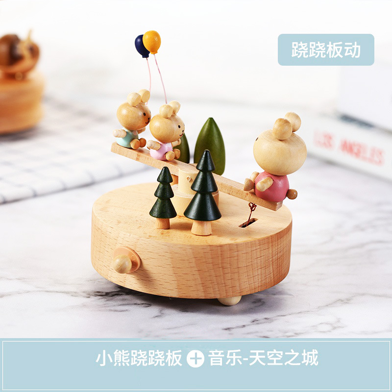 Wooden Bear Balloon Seesaw Music Box Music Box Sky City Qianhe Qianxun for Birthdays and Valentine's Days Gift