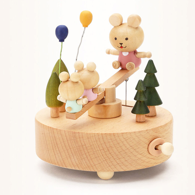 Wooden Bear Balloon Seesaw Music Box Music Box Sky City Qianhe Qianxun for Birthdays and Valentine's Days Gift