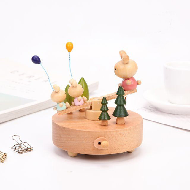Wooden Bear Balloon Seesaw Music Box Music Box Sky City Qianhe Qianxun for Birthdays and Valentine's Days Gift
