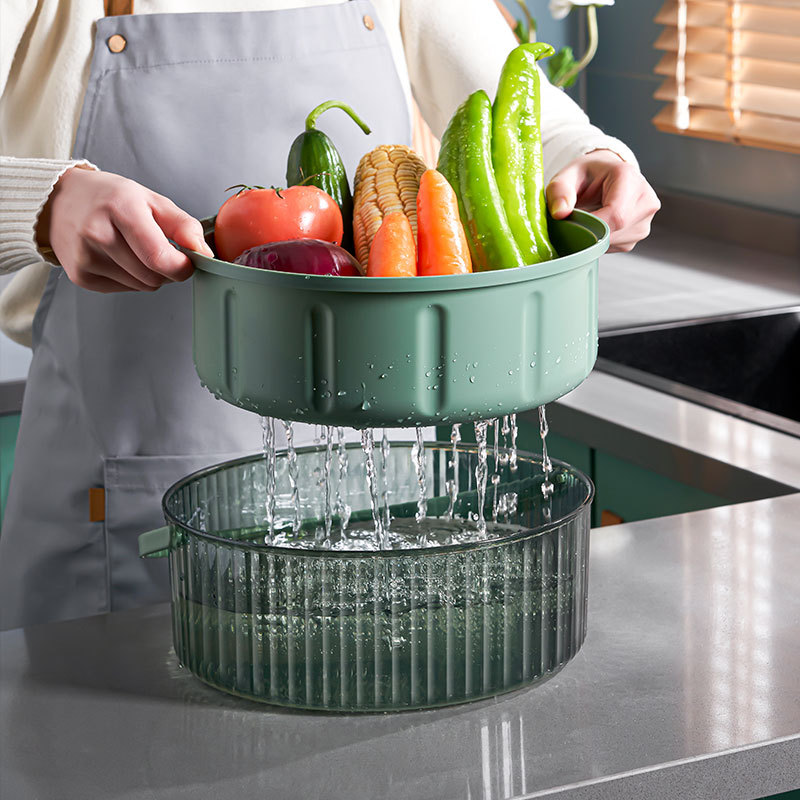 Double-Layer Vegetable Washing and Draining Basket Plastic Tape Handle Kitchen Thickened and Large-Capacity round Vegetables Basin Living Room Fruit Basket
