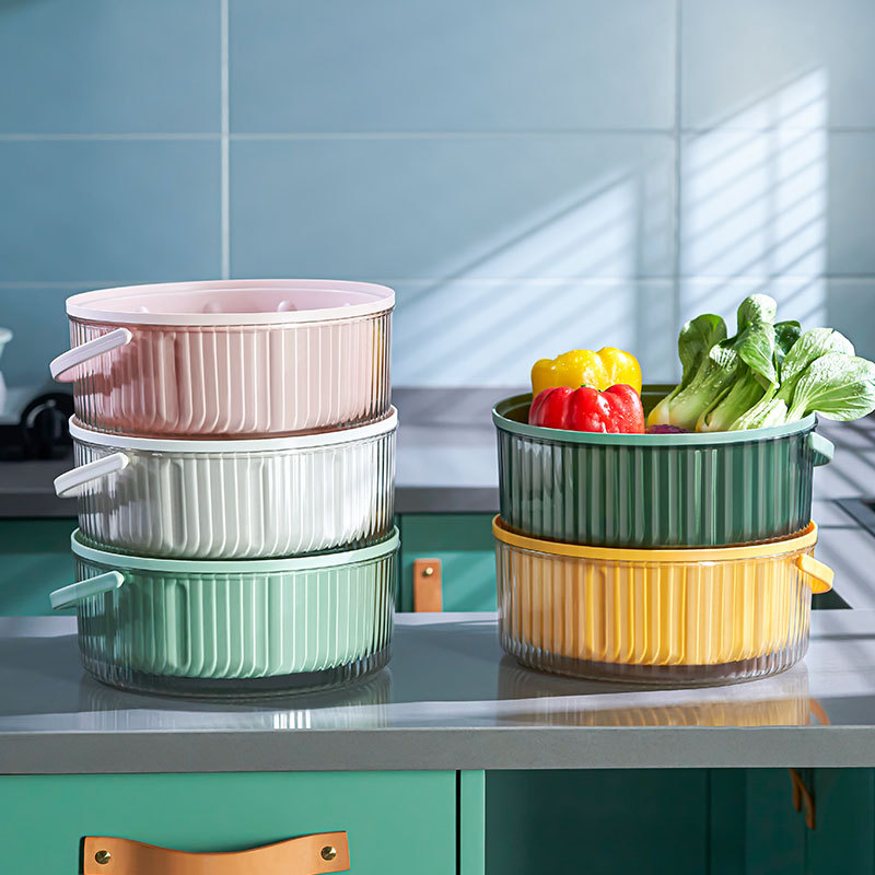 Double-Layer Vegetable Washing and Draining Basket Plastic Tape Handle Kitchen Thickened and Large-Capacity round Vegetables Basin Living Room Fruit Basket