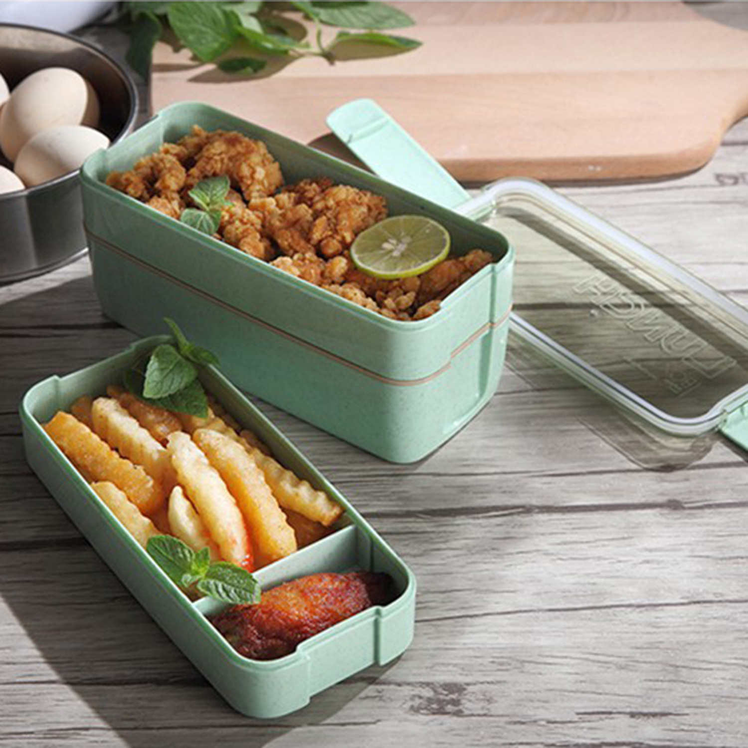 Square Double Three-Layer Wheat Straw Fiber Plastic Lunch Box Student Adult Lunch Box Tape Tableware