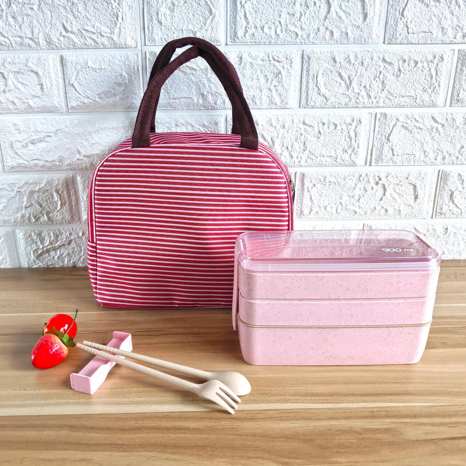 Square Double Three-Layer Wheat Straw Fiber Plastic Lunch Box Student Adult Lunch Box Tape Tableware