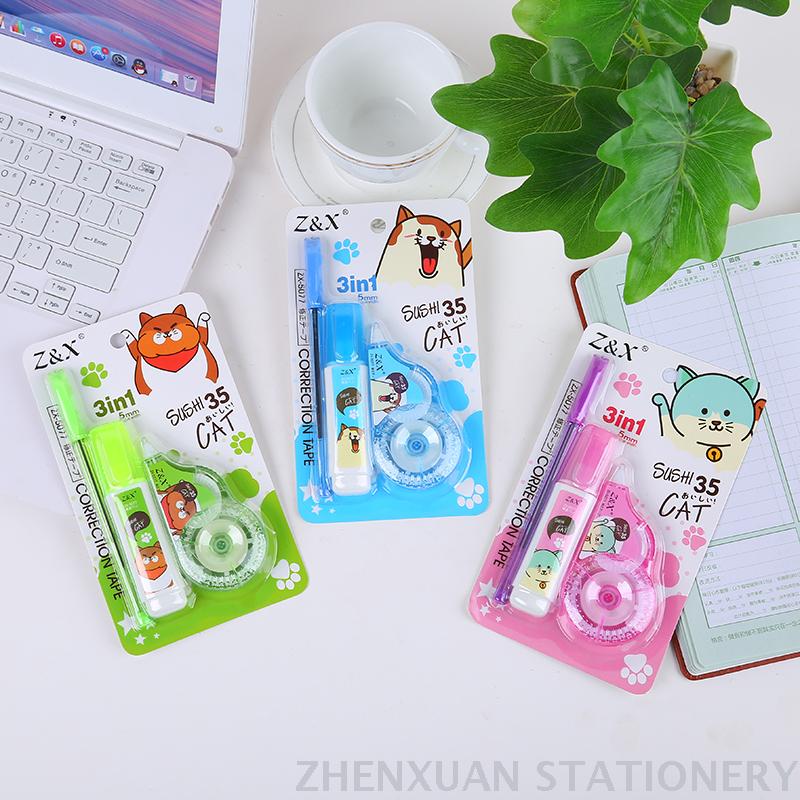Cute cartoon 3in1 correction tape Environmental protection correction fluid ballpoint pen set office learning customizab
