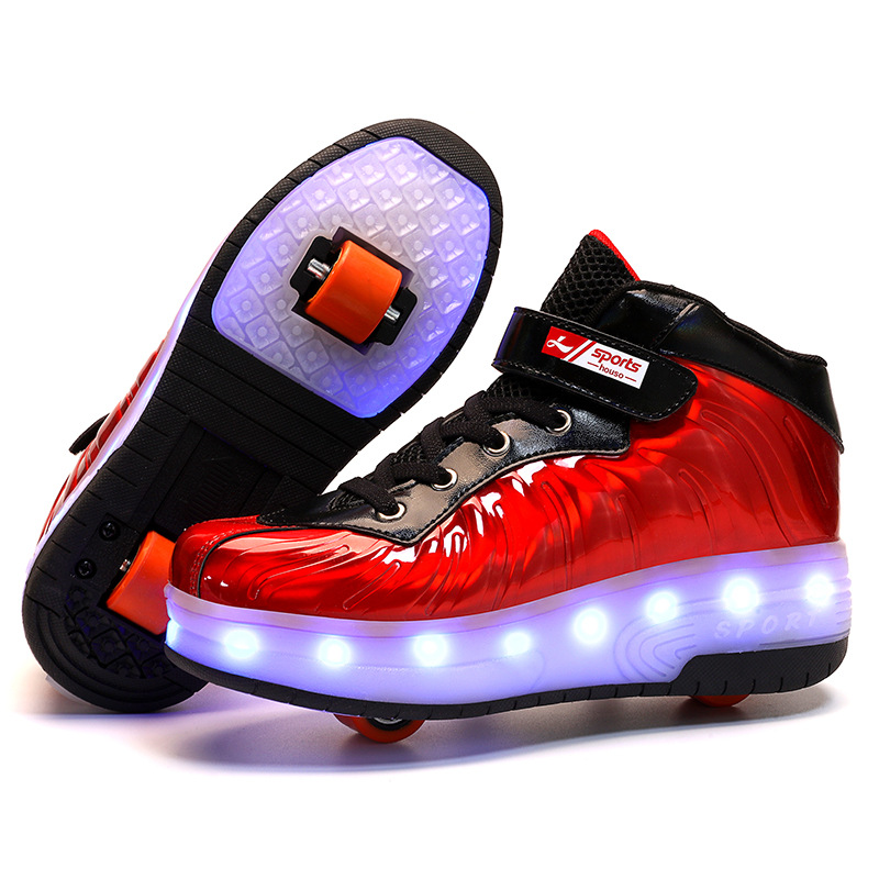 Cross-Border Supply Children&#039;s High-Top Heelys Double Wheel the Skating Shoes Pulley with Light Boys and Girls Skates Shoes with LED Light