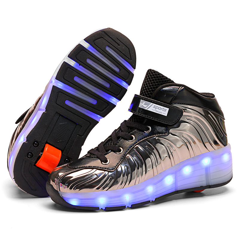 Cross-Border Supply Children&#039;s High-Top Heelys Double Wheel the Skating Shoes Pulley with Light Boys and Girls Skates Shoes with LED Light