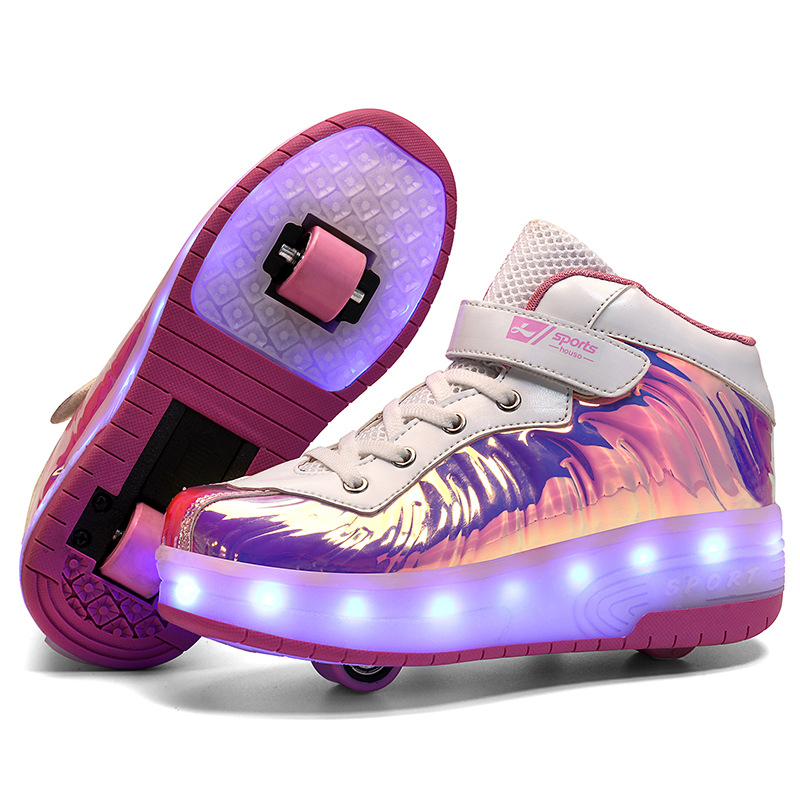 Cross-Border Supply Children&#039;s High-Top Heelys Double Wheel the Skating Shoes Pulley with Light Boys and Girls Skates Shoes with LED Light