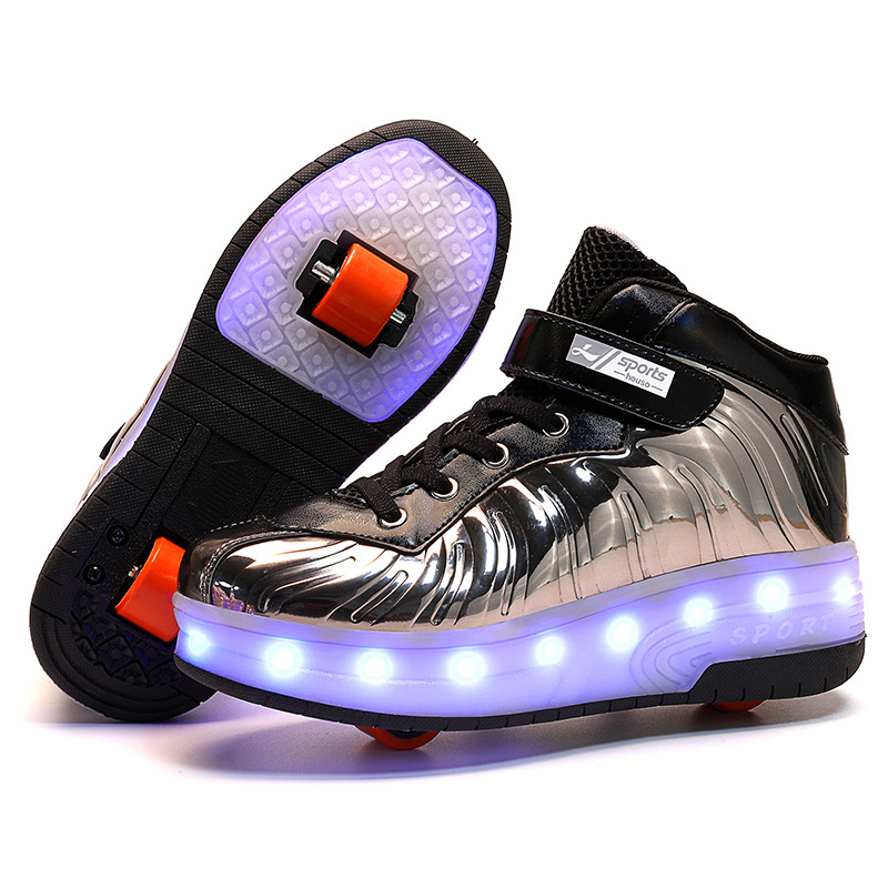 Cross-Border Supply Children&#039;s High-Top Heelys Double Wheel the Skating Shoes Pulley with Light Boys and Girls Skates Shoes with LED Light