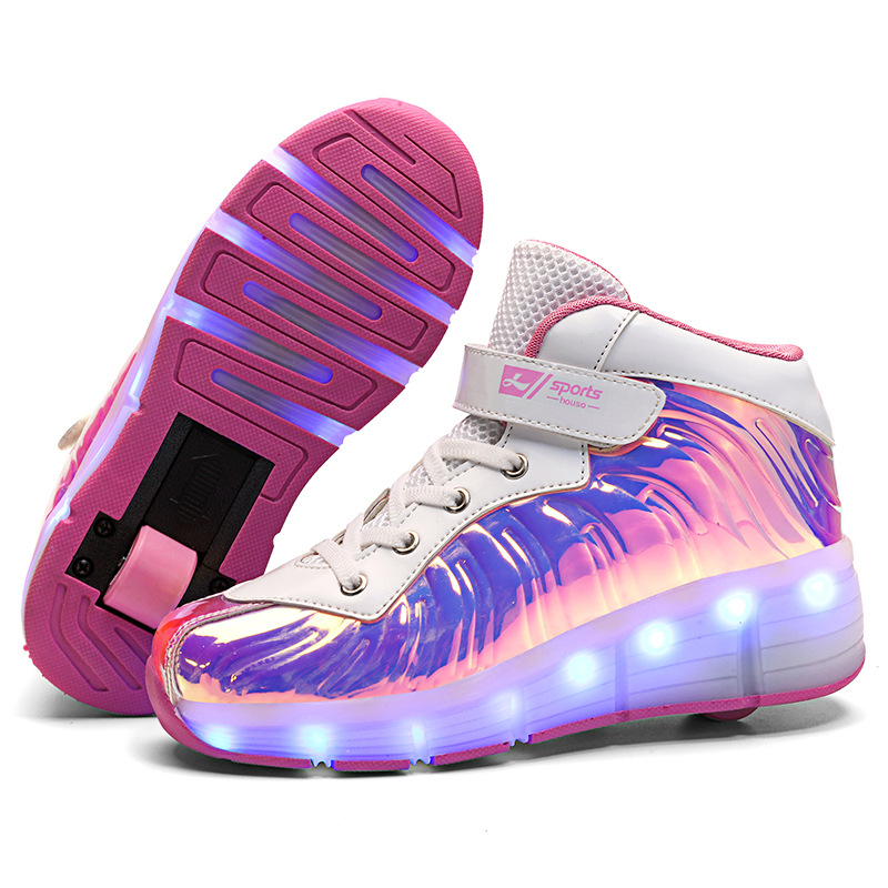 Cross-Border Supply Children&#039;s High-Top Heelys Double Wheel the Skating Shoes Pulley with Light Boys and Girls Skates Shoes with LED Light