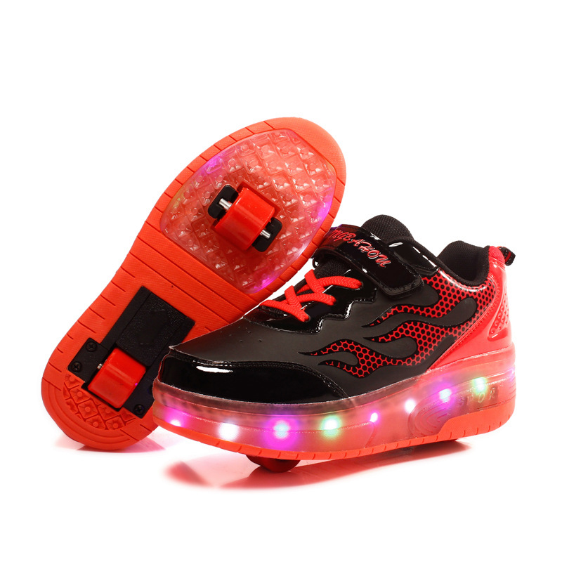 Cross-Border Foreign Trade Supply Light-Emitting Children&#039;s Heelys Two-Wheel Skate Shoes Boys&#039; Automatic Model Skates Factory Wholesale