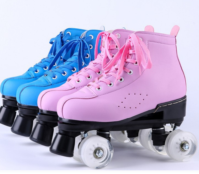 Roller Skates Pulley Pink Blue Double Row Average Size Double Wheel Pattern Skates Roller Skates Pulley Pink Blue Double Row Average Size Double Wheel Pattern Skates
