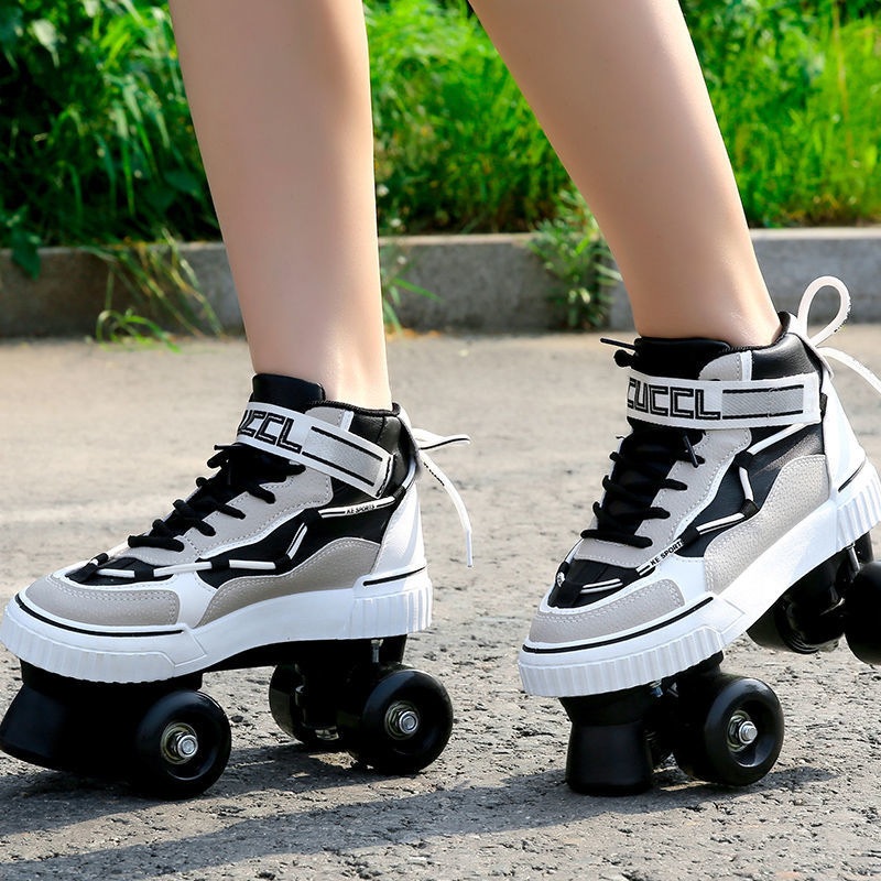 Black and Gray Double-Row Double-Wheel the Skating Shoes Pu Skates Black and Gray Double-Row Double-Wheel the Skating Shoes Pu Skates