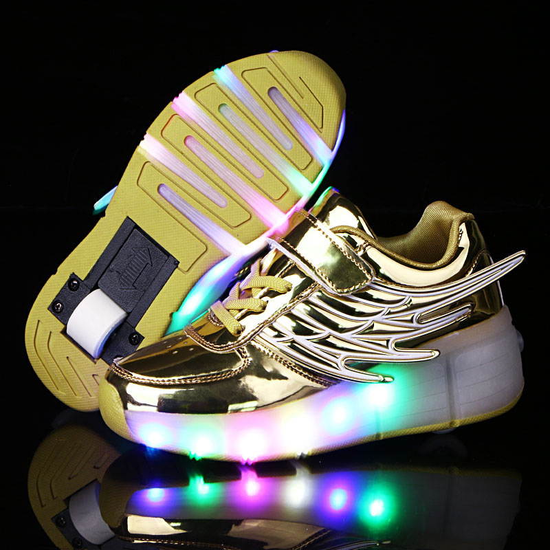 Amazon AliExpress Supply Luminous Heelys Single Wheel Skate Shoes Double Wheel Skates Wings Light Shoes K02