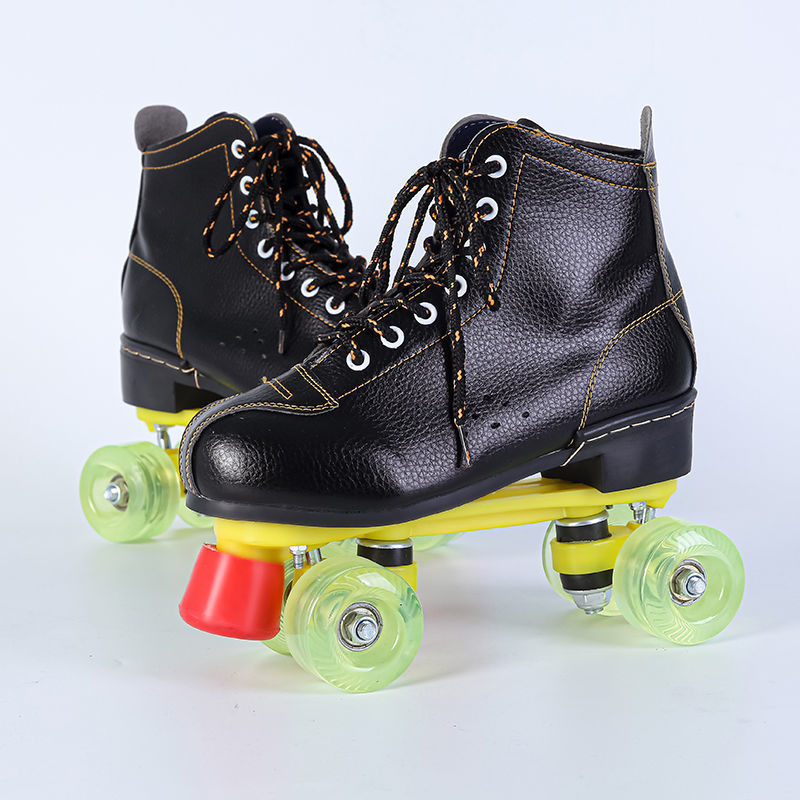 Boys Average Size Universal Embossed Leather Black Pulley Roller Skating Double Wheel Adult Skates Boys Average Size Universal Embossed Leather Black Pulley Roller Skating Double Wheel Adult Skates