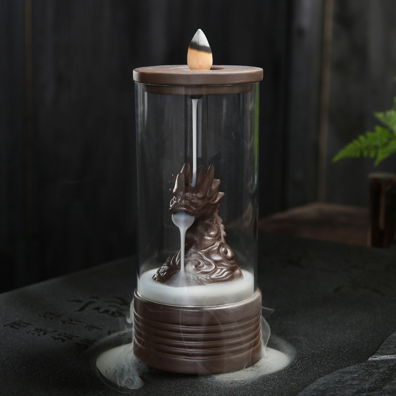 Cross-Border Tiktok Backflow Incense Burner Buddha&#039;s-Hand Lotus Colored Lights Led Purple Sand Mountain Running Water Acrylic Glass Cover Windproof