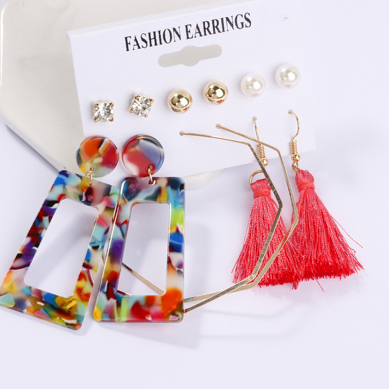 CrossBorder Accessories Popular Earrings Geometric Metal Acrylic Sheet Tassel Earings Set Ornament Whole