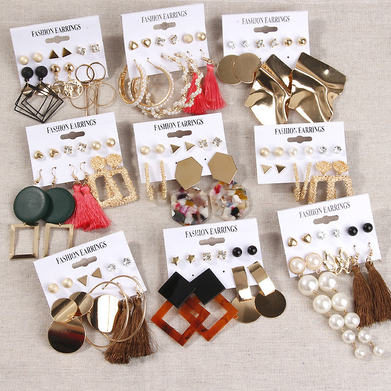 CrossBorder Accessories Popular Earrings Geometric Metal Acrylic Sheet Tassel Earings Set Ornament Whole