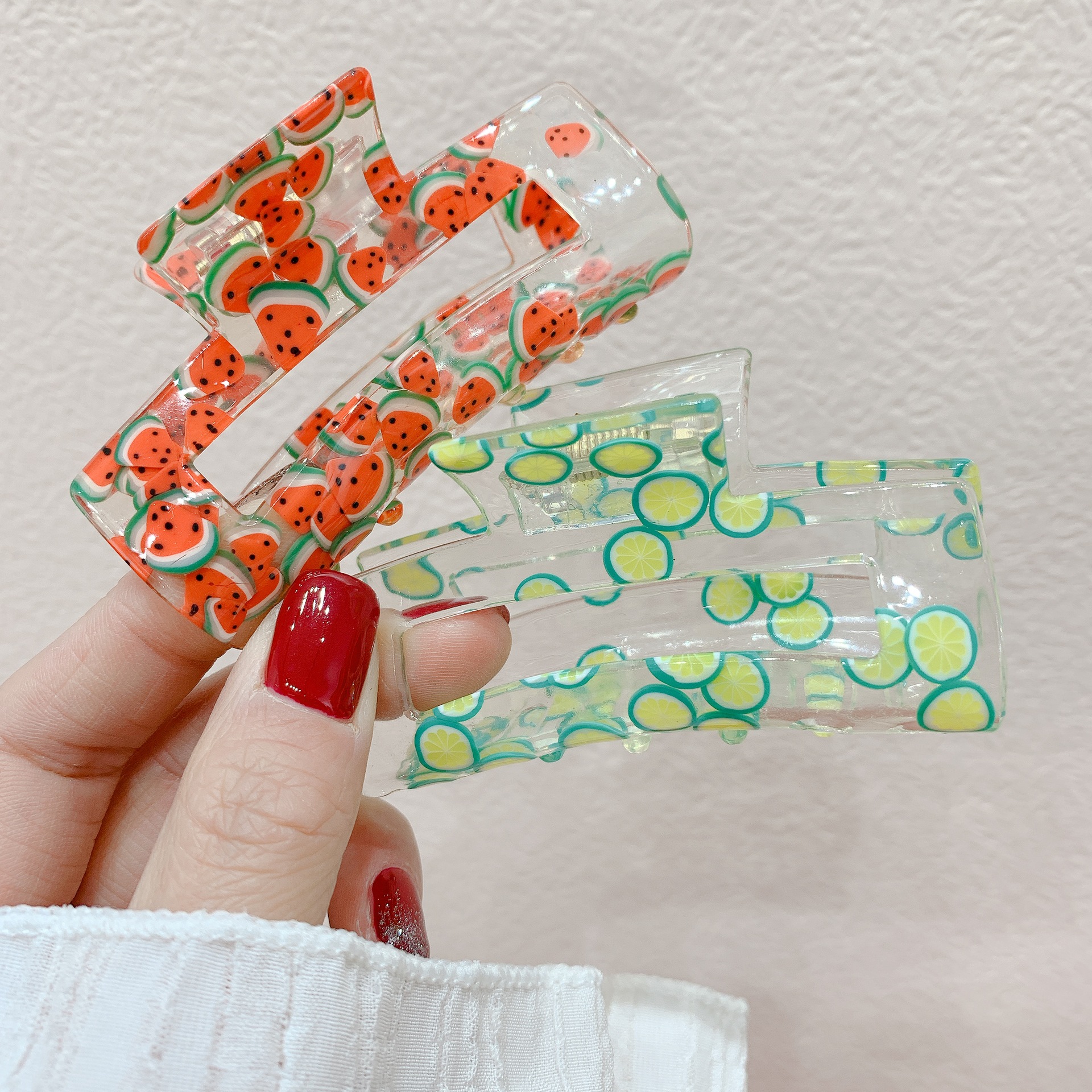 Cross-Border Simple Spring and Summer Transparent Barrettes Cute Fruit Printed Grip Large Geometric Acrylic Shark Clip Wholesale