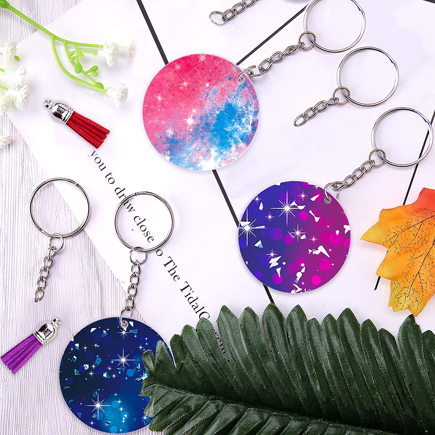 Creative Cross-Border DIY Crafts Multi-Color Tassel Pendant round Acrylic Key Chain Blank Pendant Set Wholesale