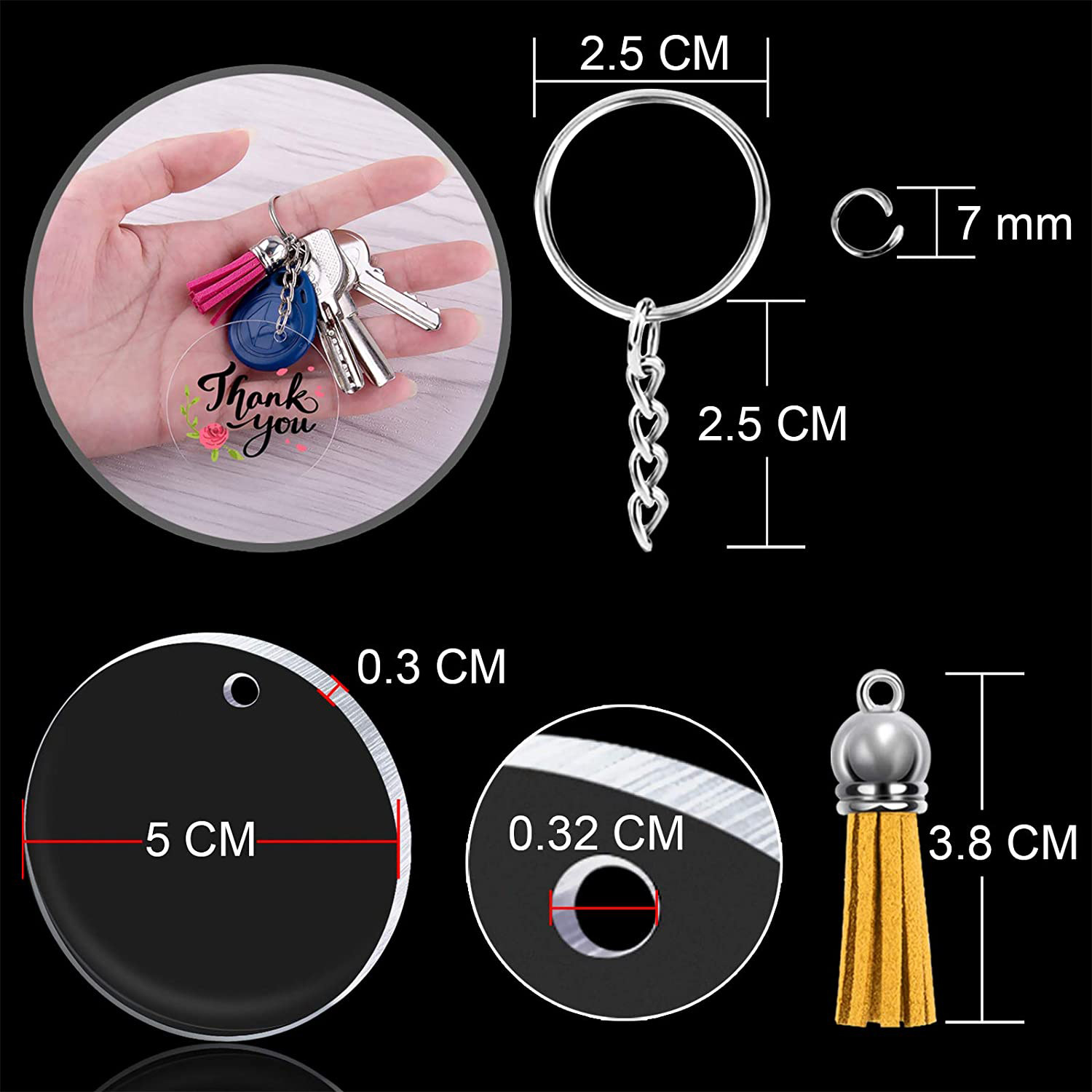Creative Cross-Border DIY Crafts Multi-Color Tassel Pendant round Acrylic Key Chain Blank Pendant Set Wholesale