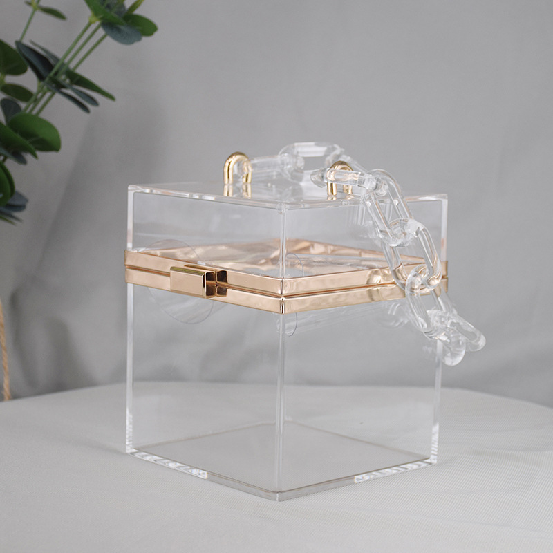 Cross-Border Transparent Square Box Acrylic Bag Women&#039;s European and American Fashion Resin Chain Gel Bag Crossbody Portable Small Square Bag