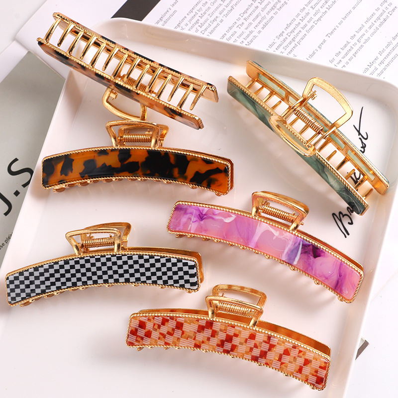 European and American Hair Accessories Women's Foreign Trade Barrettes Black and White Plaid Head Clip Updo Large Size Acetate Acrylic Grip Back Head Hair Claw
