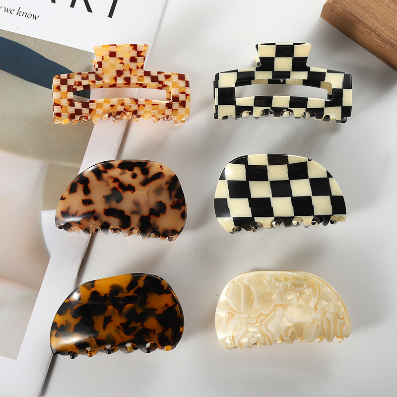 European and American Hair Accessories Women's Foreign Trade Barrettes Black and White Plaid Head Clip Updo Large Size Acetate Acrylic Grip Back Head Hair Claw