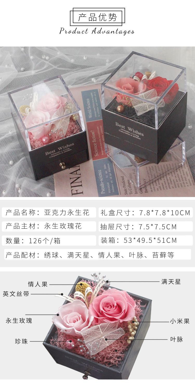 Preserved Fresh Flower Transparent Acrylic Flower Box Valentine's Day Gift Preserved Fresh Flower Rose Square Gift Box Preserved Fresh Flower Transparent Acrylic Flower Box Valentine's Day Gift Preserved Fresh Flower Rose Square Gift Box