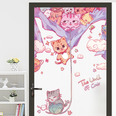 Sk9365 Cat Series Door Sticker Children&#039;s Room Entrance Door Office Dining Milk Tea Shop Cartoon Decorative Wall Stickers