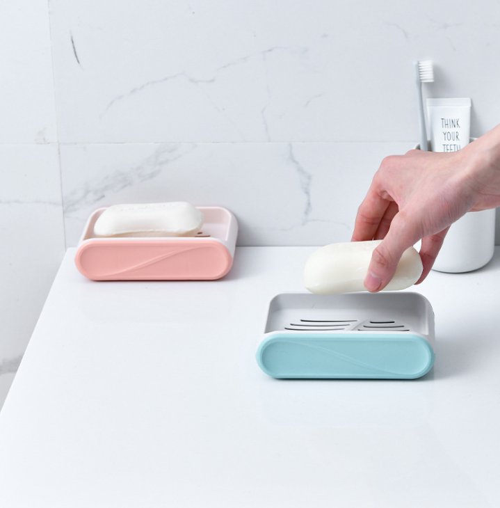Blue Soap Dish Drain Household Portable Creative Soap Holder Plastic Laundry Double-Layer Double-Grid Soap Box