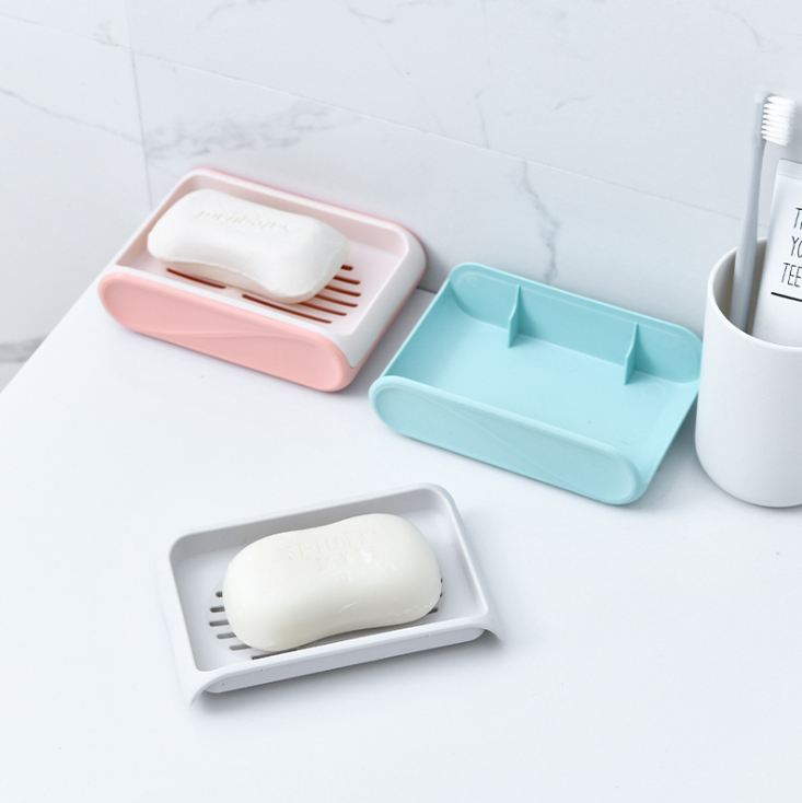 Blue Soap Dish Drain Household Portable Creative Soap Holder Plastic Laundry Double-Layer Double-Grid Soap Box