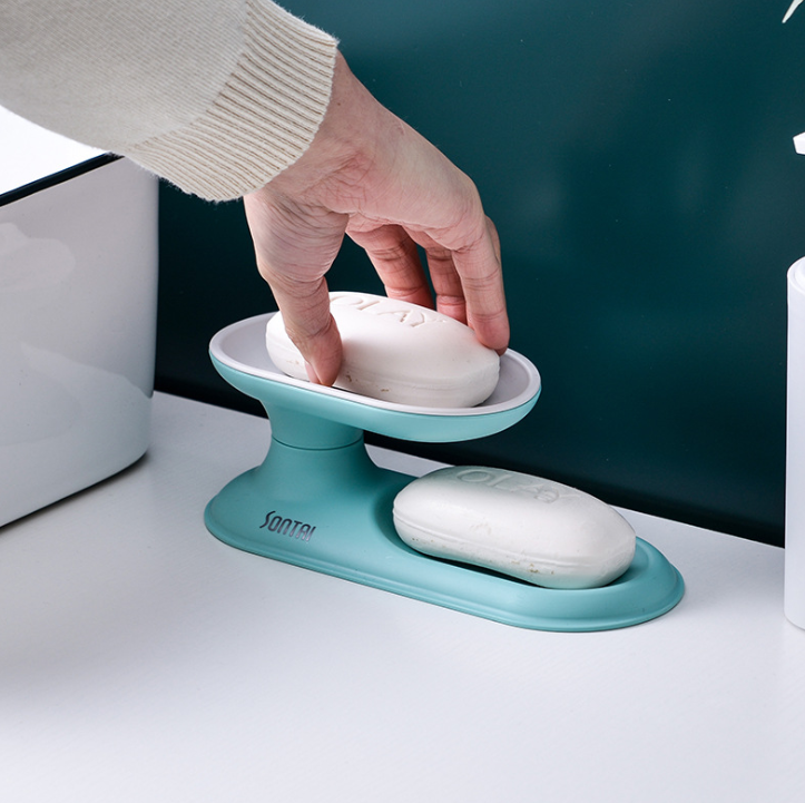 Blue Fashion Elegant Double-Layer Soap Box Simple and Convenient 360 ° Rotating Double-Layer Draining Home Bathroom Soap Dish Soap Box