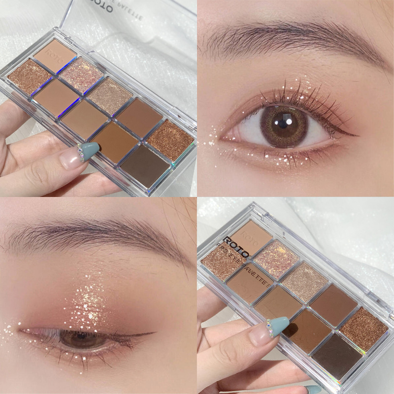 Roto Ten Color Eyeshadow Olive Peel Cold Gray and Brown Tone Deep Smoke Shimmer Sequins Earth Color Palette TikTok Same Style