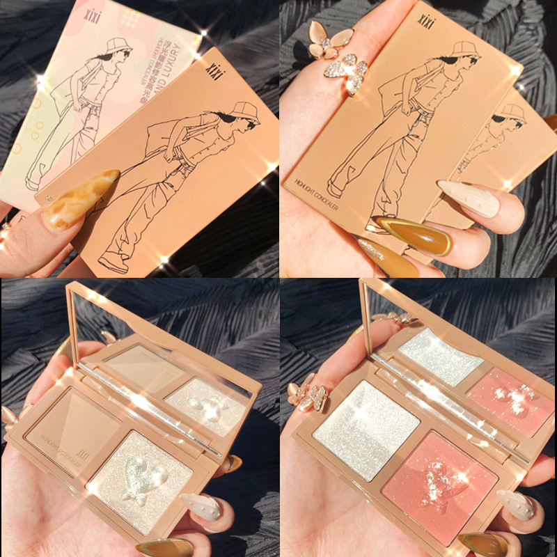 Xixi Fairy Diamond in the Debris Highlight Blush Makeup Palette Pearlescent Sparkling Eye Shadow Dual-Use Makeup Collection Peach Milk Tea