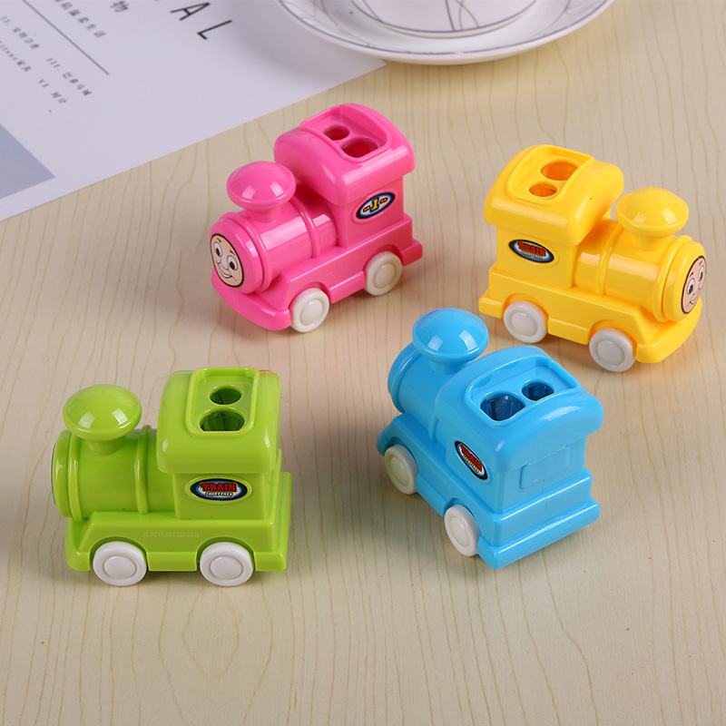 Cartoon DIY building block locomotive pencil sharpener double hole auto pencil sharpener wholesale