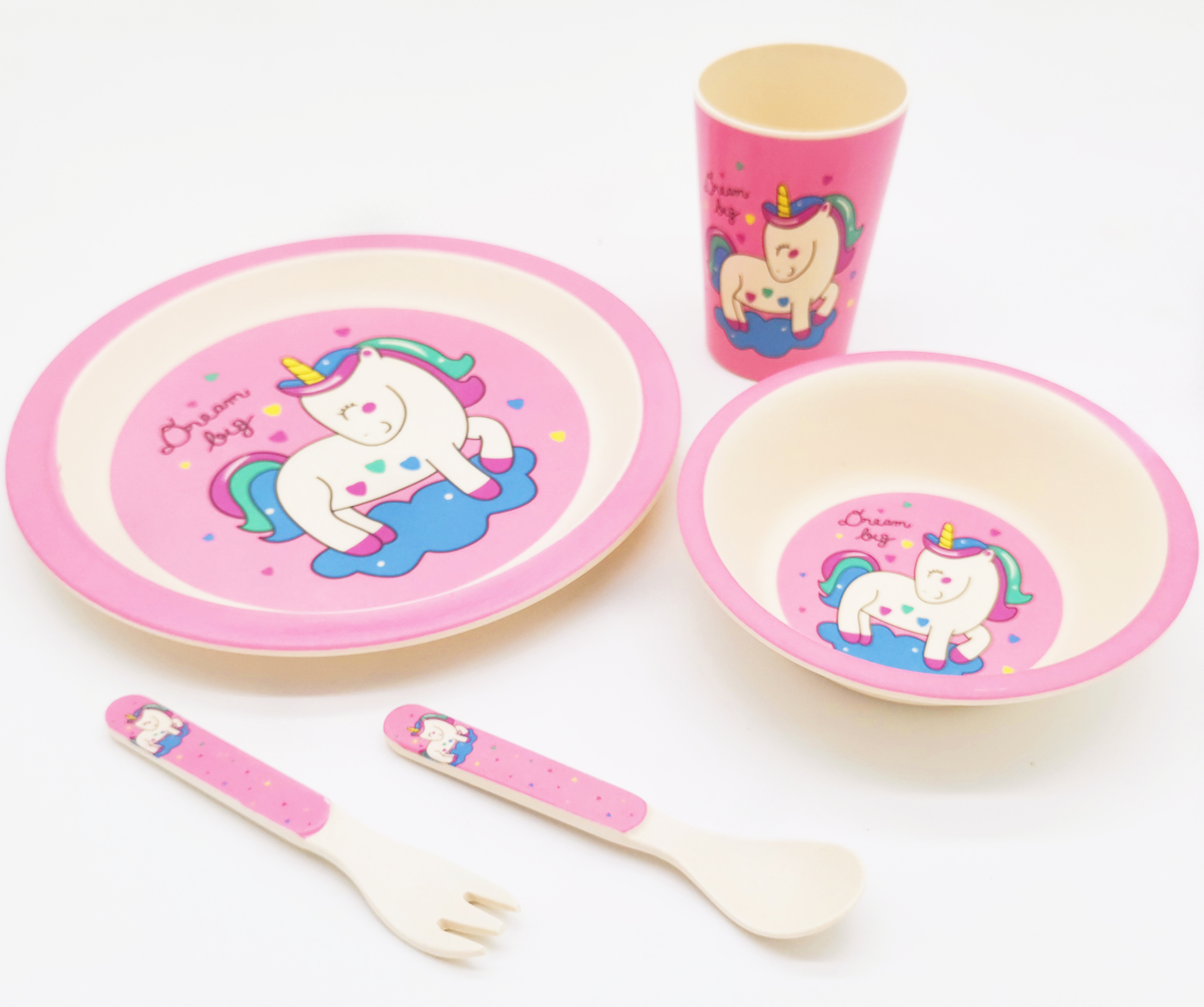 Creative Bamboo Fiber Environmental Protection Children&#039;s Tableware Cartoon round Bowl Plate Spork Cup Set Compartment Gift Gift Box