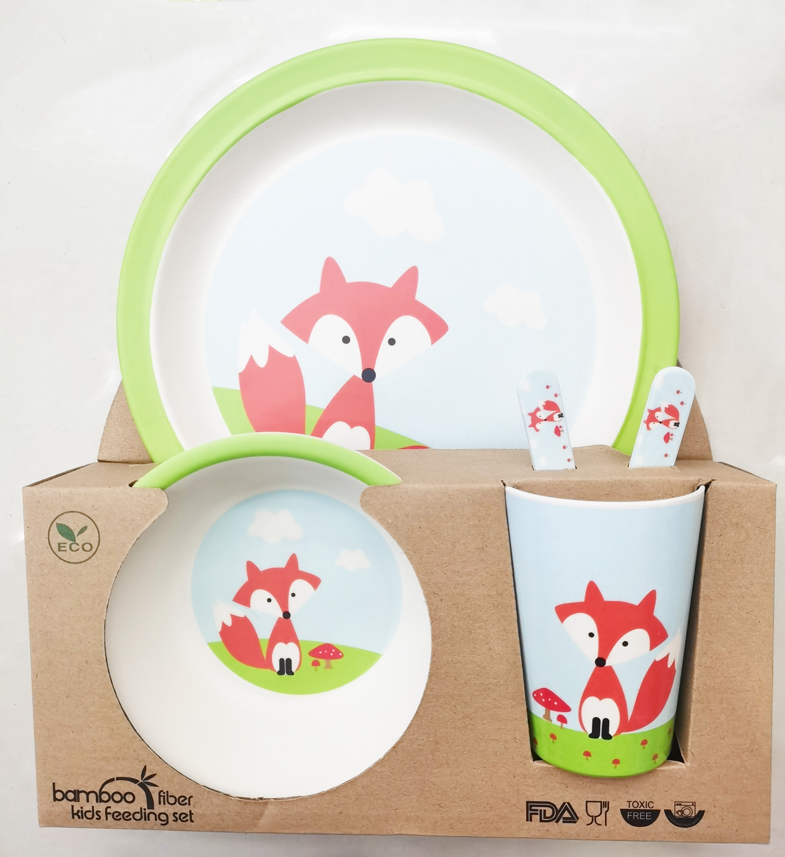 Creative Bamboo Fiber Environmental Protection Children&#039;s Tableware Cartoon round Bowl Plate Spork Cup Set Compartment Gift Gift Box