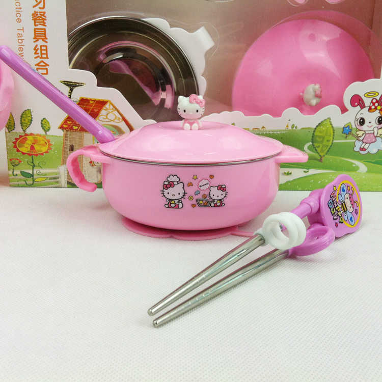 Stainless Steel Double-Layer Children&#039;s Cartoon Insulated Bowl Hello Kitty Tableware Gift Box 5-Piece Set