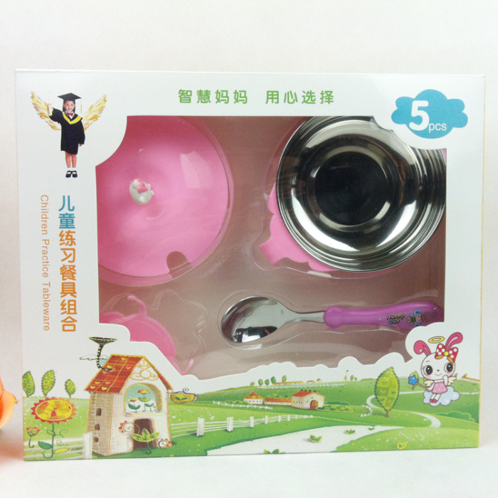 Stainless Steel Double-Layer Children's Cartoon Insulated Bowl Hello Kitty Tableware Gift Box 5-Piece Set Stainless Steel Double-Layer Children's Cartoon Insulated Bowl Hello Kitty Tableware Gift Box 5-Piece Set