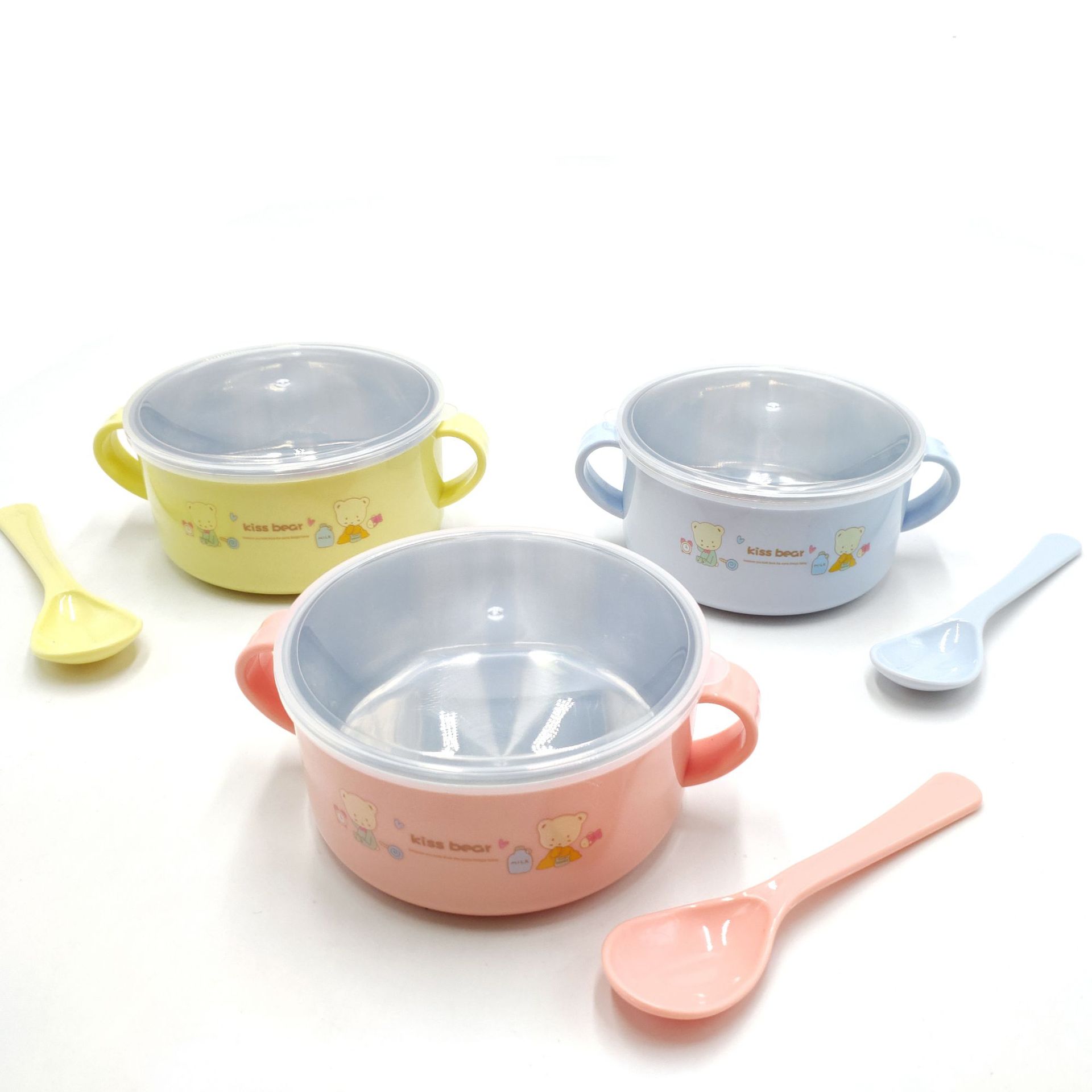 Factory Direct Double-Ear Stainless Steel Small Bowl Drop-Resistant Heat Insulation Cute Cartoon Children&#039;s Tableware with Lid with Same Color Spoon