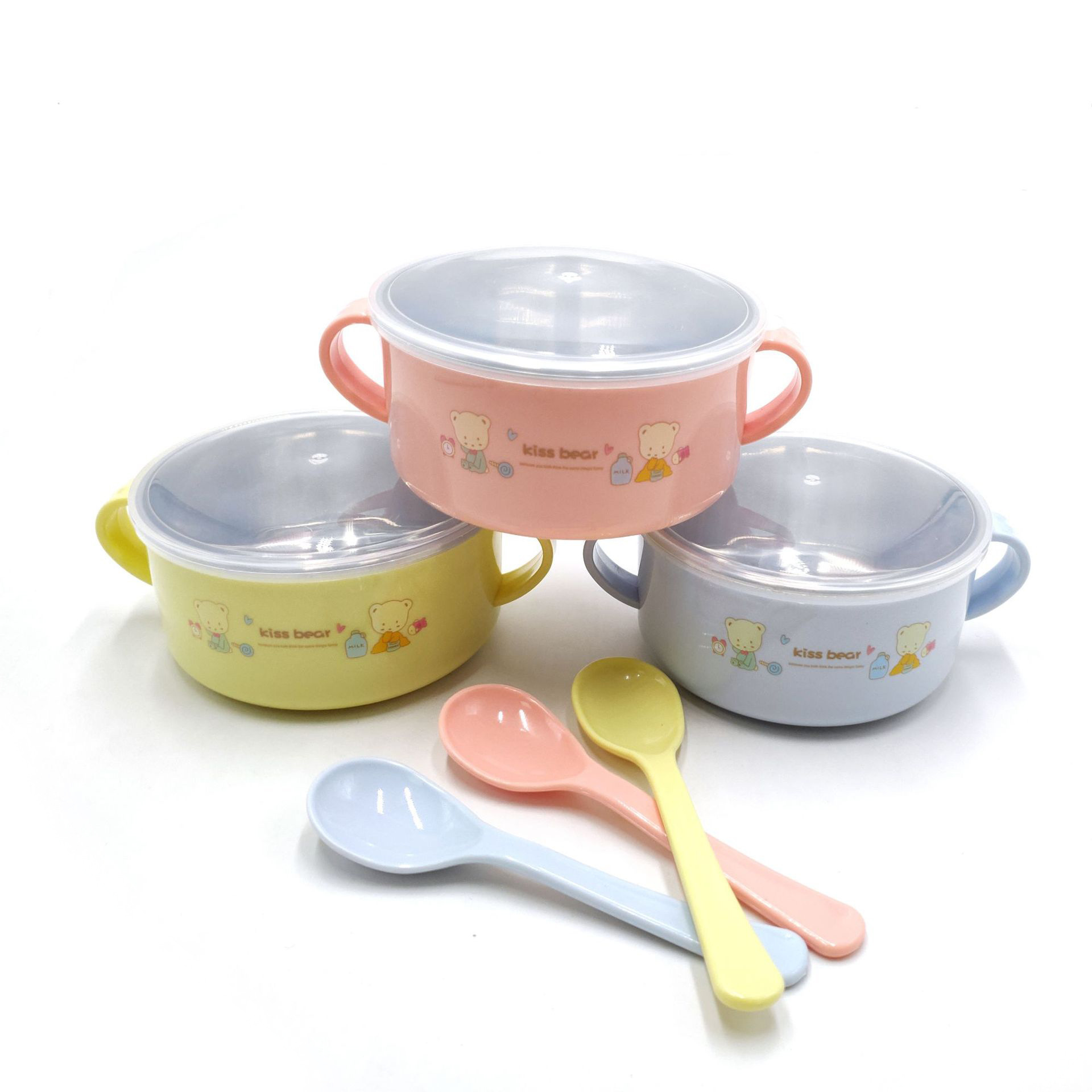 Factory Direct Double-Ear Stainless Steel Small Bowl Drop-Resistant Heat Insulation Cute Cartoon Children&#039;s Tableware with Lid with Same Color Spoon